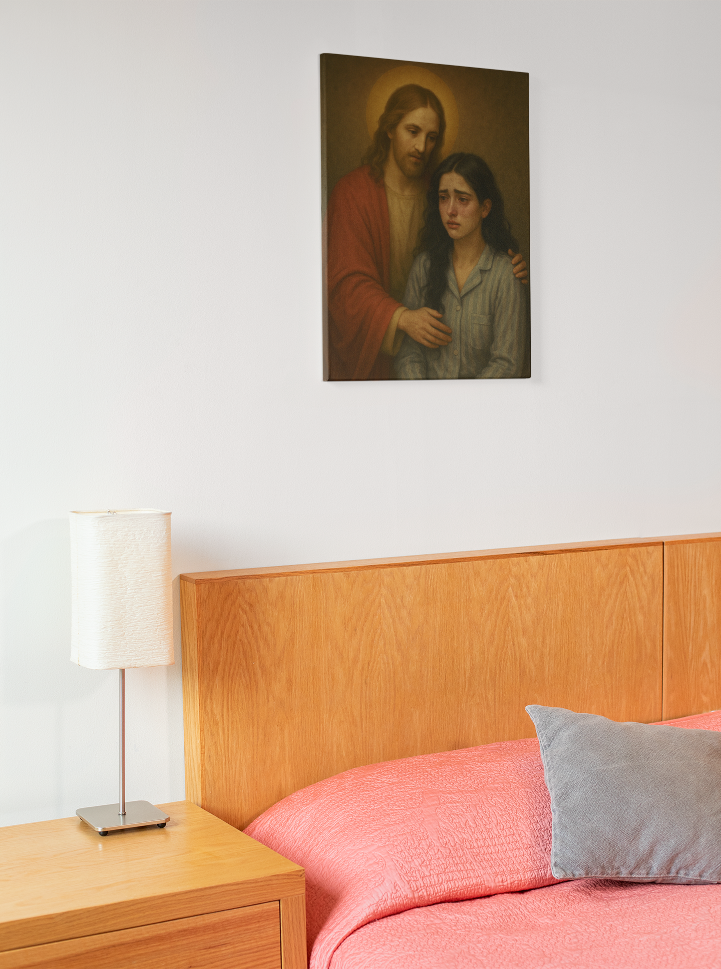 Bedroom with wooden headboard, pink bedding, gray pillow, and a painting of a religious scene on the wall.