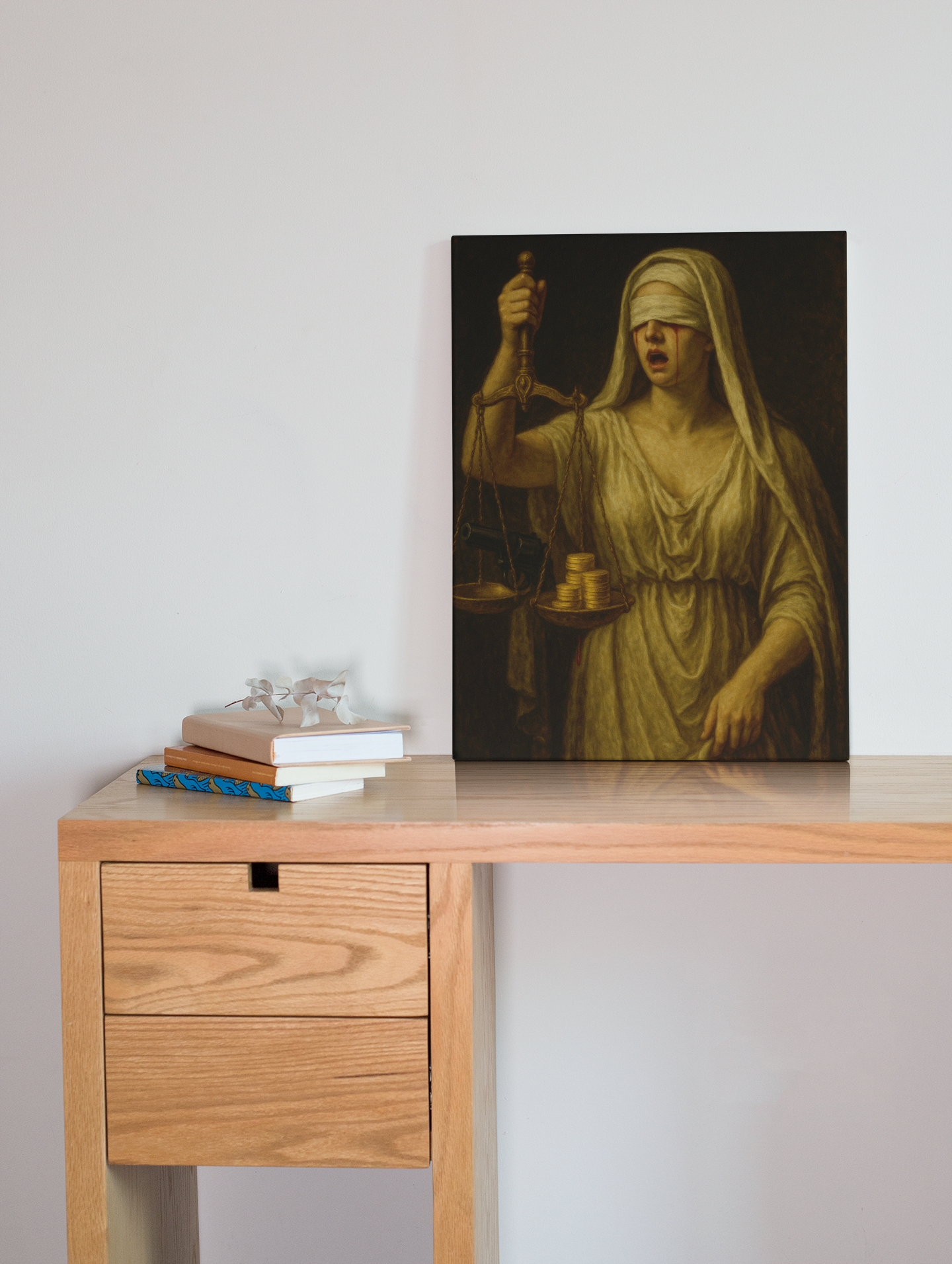 Wooden desk with a painting of a blindfolded woman on a white wall