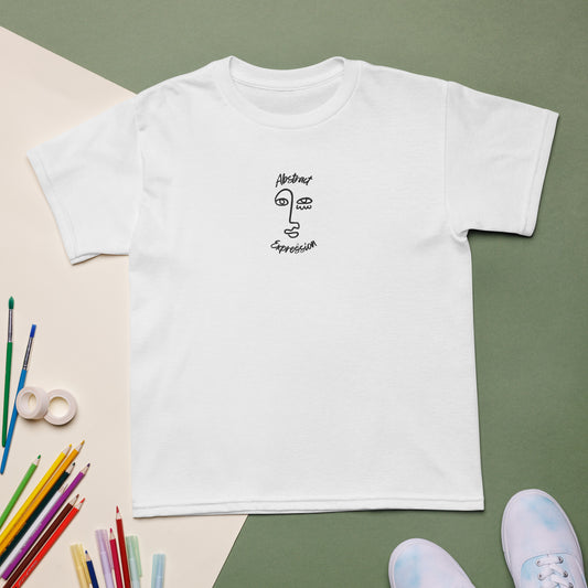 Kids white t-shirt with abstract expressionist print, made from soft organic cotton